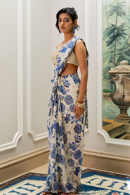 Buy Paulmi And Harsh Ivory Silk, Georgette Embroidery Round Blue Floral Print Pre-draped Saree Set Online at Aza Fashions Buy_Paulmi And Harsh_Ivory Silk, Georgette Embroidery Round Blue Floral Print Pre-draped Saree Set _Online_at_Aza_Fashions