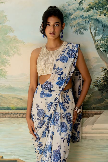 Shop Paulmi And Harsh Ivory Silk, Georgette Embroidery Round Blue Floral Print Pre-draped Saree Set Online at Aza Fashions Shop_Paulmi And Harsh_Ivory Silk, Georgette Embroidery Round Blue Floral Print Pre-draped Saree Set _Online_at_Aza_Fashions