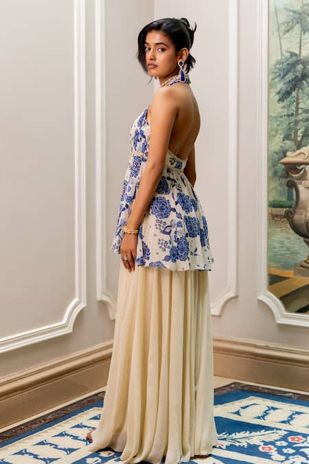 Paulmi And Harsh Blue Georgette, Shantoon Sequins And Ivory Printed Designer Tunic & Palazzo Set Online at Aza Fashions Paulmi And Harsh_Blue Georgette, Shantoon Sequins And Ivory Printed Designer Tunic & Palazzo Set _Online_at_Aza_Fashions