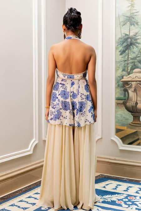 Shop Paulmi And Harsh Blue Georgette, Shantoon Sequins And Ivory Printed Designer Tunic & Palazzo Set at Aza Fashions Shop_Paulmi And Harsh_Blue Georgette, Shantoon Sequins And Ivory Printed Designer Tunic & Palazzo Set _at_Aza_Fashions