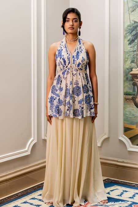 Paulmi And Harsh Blue Georgette, Shantoon Sequins And Ivory Printed Designer Tunic & Palazzo Set