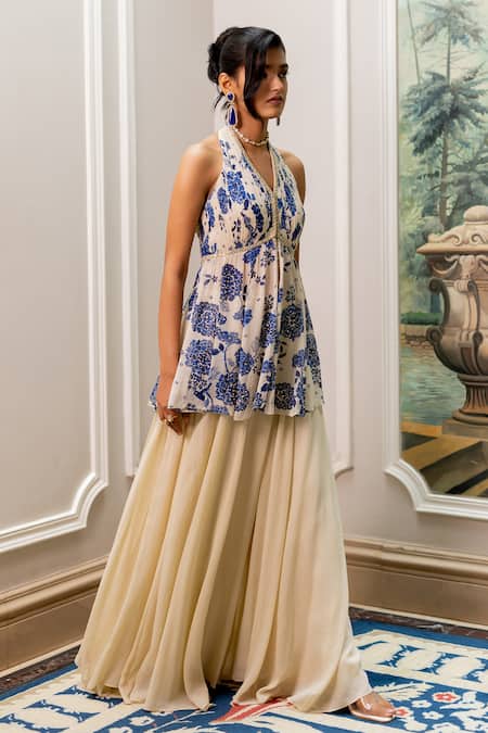 Shop Paulmi And Harsh Blue Georgette, Shantoon Sequins And Ivory Printed Designer Tunic & Palazzo Set Online at Aza Fashions Shop_Paulmi And Harsh_Blue Georgette, Shantoon Sequins And Ivory Printed Designer Tunic & Palazzo Set _Online_at_Aza_Fashions