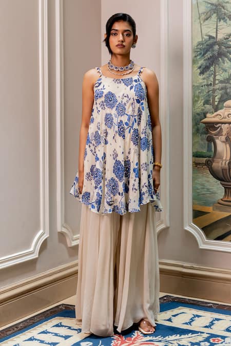 Buy Paulmi And Harsh Blue Georgette Embroidery, Sequins Round Neck Floral Tunic And Palazzo Set Online at Aza Fashions Buy_Paulmi And Harsh_Blue Georgette Embroidery, Sequins Round Neck Floral Tunic And Palazzo Set _Online_at_Aza_Fashions