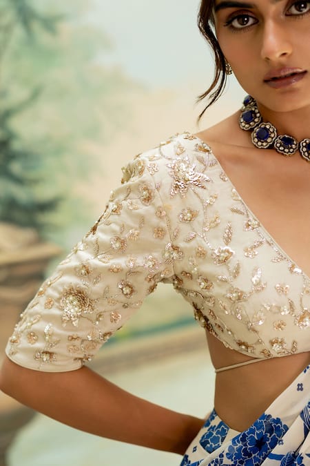 Paulmi And Harsh_Beige Chinon, Silk, Georgette Sequins, Blue Floral Pre-draped Saree And Blouse Set _Online_at_Aza_Fashions