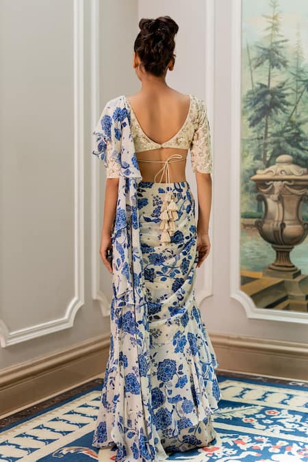 Paulmi And Harsh Blue Floral Pre-draped Saree & Blouse Set 