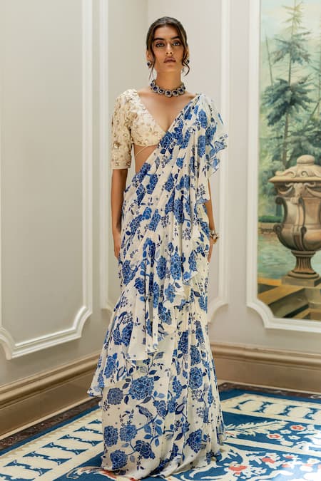 Buy_Paulmi And Harsh_Beige Chinon, Silk, Georgette Sequins, Blue Floral Pre-draped Saree And Blouse Set _Online_at_Aza_Fashions