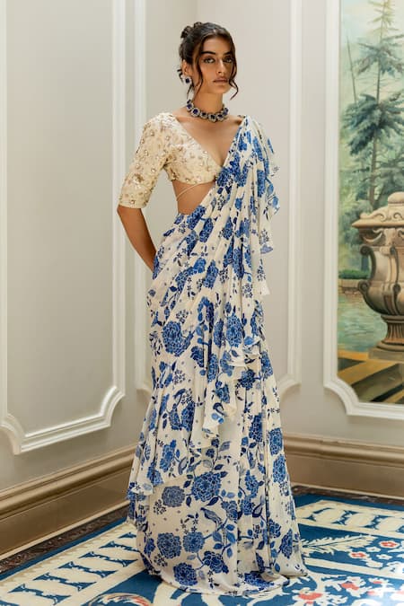 Shop_Paulmi And Harsh_Beige Chinon, Silk, Georgette Sequins, Blue Floral Pre-draped Saree And Blouse Set _Online_at_Aza_Fashions
