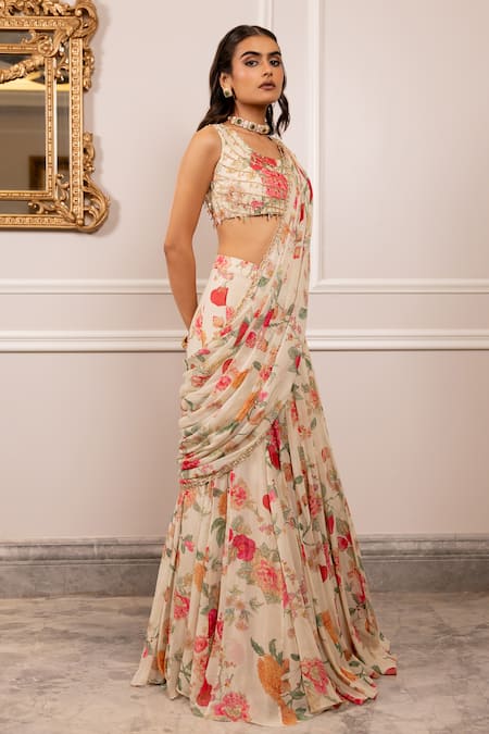 Shop Paulmi And Harsh Pink Georgette, Sequins, Beads, Floral Print Pre-draped Saree Set Online at Aza Fashions Shop_Paulmi And Harsh_Pink Georgette, Sequins, Beads, Floral Print Pre-draped Saree Set _Online_at_Aza_Fashions