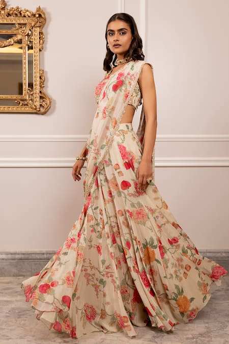 Paulmi And Harsh Pink Georgette, Sequins, Beads, Floral Print Pre-draped Saree Set at Aza Fashions Paulmi And Harsh_Pink Georgette, Sequins, Beads, Floral Print Pre-draped Saree Set _at_Aza_Fashions