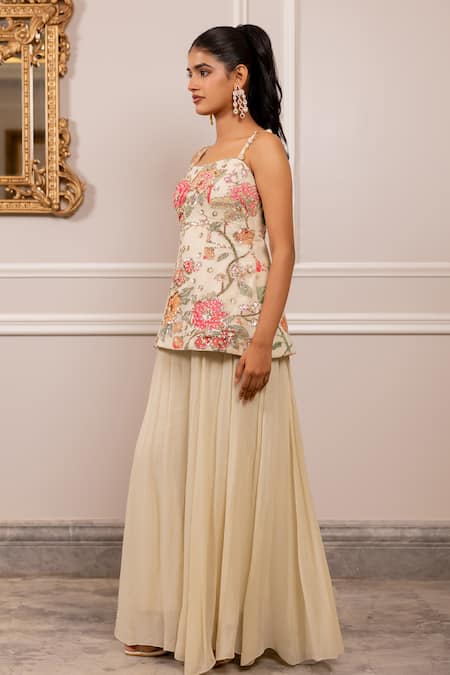 Paulmi And Harsh_Multi Color Georgette Embroidery, Sequins Square Neck Floral Kurta Palazzo Set _Online_at_Aza_Fashions