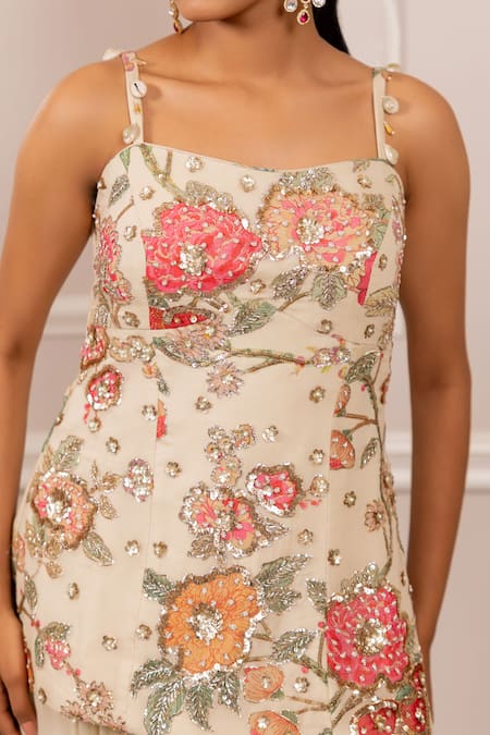 Buy_Paulmi And Harsh_Multi Color Georgette Embroidery, Sequins Square Neck Floral Kurta Palazzo Set _Online_at_Aza_Fashions