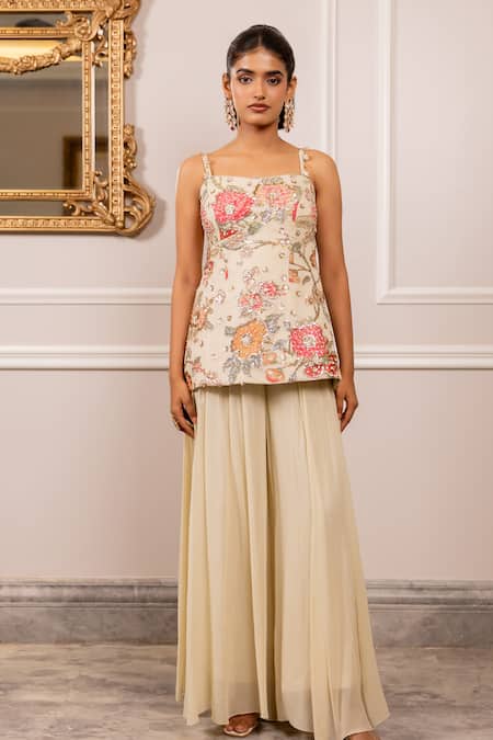 Shop_Paulmi And Harsh_Multi Color Georgette Embroidery, Sequins Square Neck Floral Kurta Palazzo Set _Online_at_Aza_Fashions