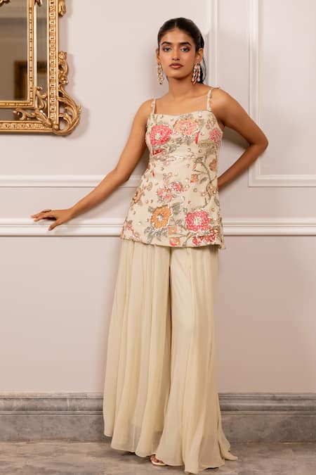 Paulmi And Harsh Multi Color Georgette Embroidery, Sequins Square Neck Floral Kurta Palazzo Set