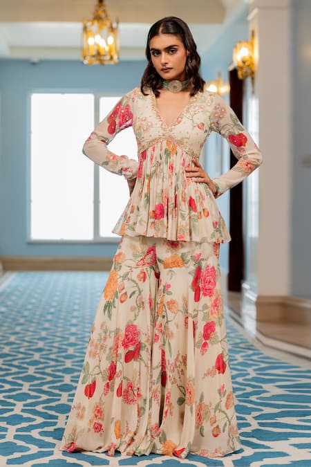 Paulmi And Harsh Multi Color Georgette Sequins, Floral Print Peplum Tunic And Sharara Set 
