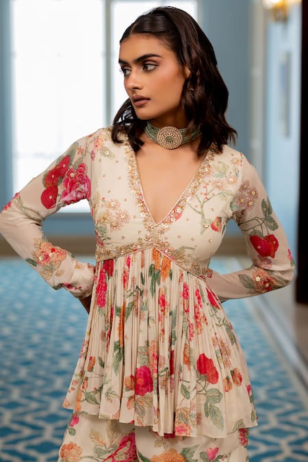 Shop Paulmi And Harsh Multi Color Georgette Sequins, Floral Print Peplum Tunic And Sharara Set Online at Aza Fashions Shop_Paulmi And Harsh_Multi Color Georgette Sequins, Floral Print Peplum Tunic And Sharara Set _Online_at_Aza_Fashions