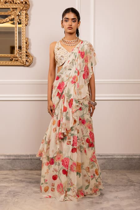 Paulmi And Harsh Cream Silk, Georgette Embroidery Round Neck Floral Print Pre-draped Saree Set 