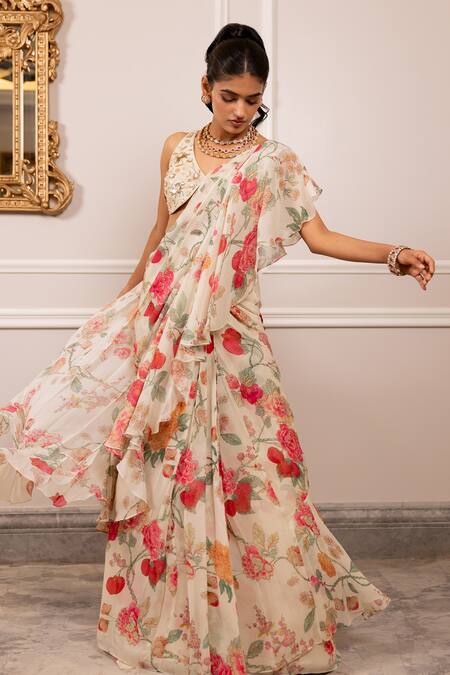 Paulmi And Harsh_Cream Silk, Georgette Embroidery Round Neck Floral Print Pre-draped Saree Set _Online_at_Aza_Fashions