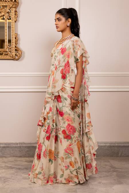 Buy_Paulmi And Harsh_Cream Silk, Georgette Embroidery Round Neck Floral Print Pre-draped Saree Set _Online_at_Aza_Fashions