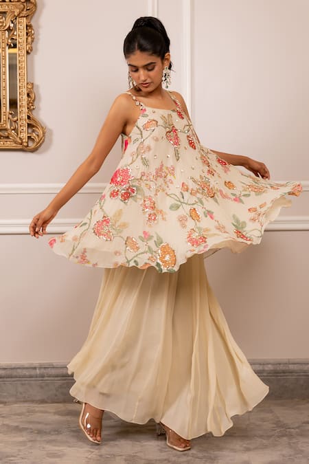 Paulmi And Harsh Beige Georgette Sequins, Embroidery Floral Printed Tunic And Palazzo Set
