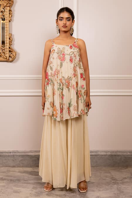 Paulmi And Harsh_Beige Georgette Sequins, Embroidery Floral Printed Tunic And Palazzo Set _Online_at_Aza_Fashions