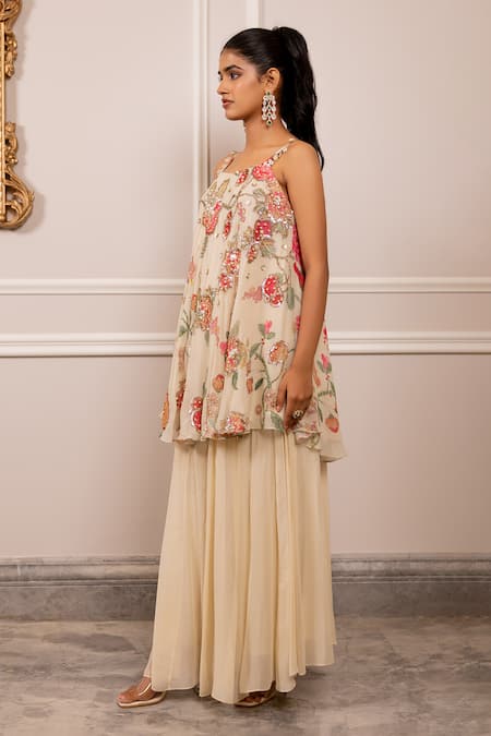 Shop_Paulmi And Harsh_Beige Georgette Sequins, Embroidery Floral Printed Tunic And Palazzo Set _Online_at_Aza_Fashions
