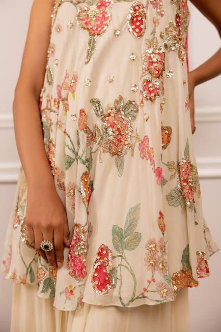 Paulmi And Harsh_Beige Georgette Sequins, Embroidery Floral Printed Tunic And Palazzo Set _at_Aza_Fashions