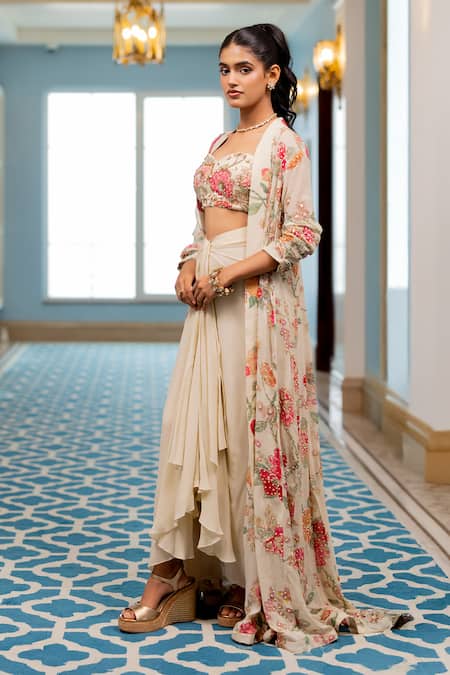Buy_Paulmi And Harsh_Cream Georgette Sequins, Embroidery Round Neck Floral Printed Jacket Set _Online_at_Aza_Fashions