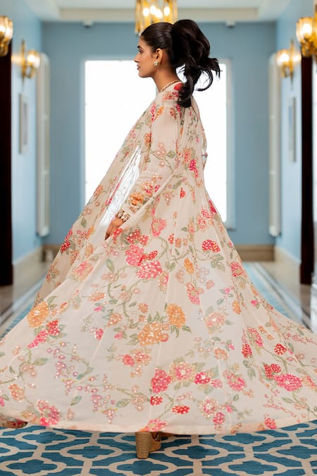 Paulmi And Harsh_Cream Georgette Sequins, Embroidery Round Neck Floral Printed Jacket Set _at_Aza_Fashions