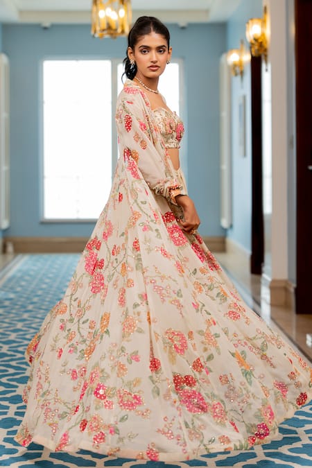 Buy_Paulmi And Harsh_Cream Georgette Sequins, Embroidery Round Neck Floral Printed Jacket Set 