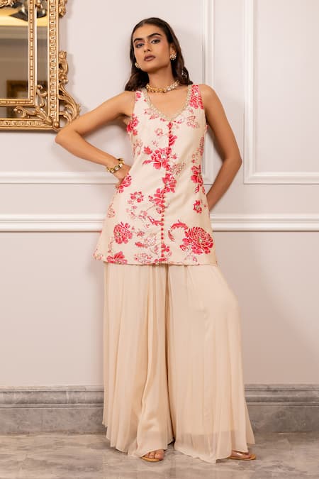 Paulmi And Harsh Cream Silk, Georgette Sequins, Embroidery Floral Printed Kurta And Palazzo Set 