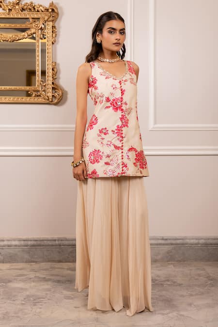 Paulmi And Harsh_Cream Silk, Georgette Sequins, Embroidery Floral Printed Kurta And Palazzo Set _Online_at_Aza_Fashions