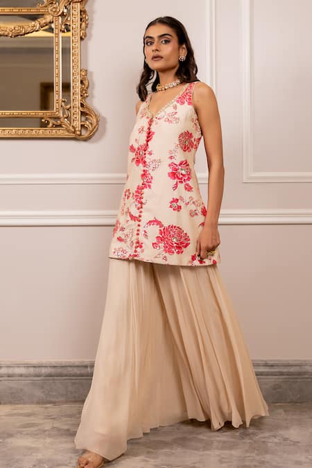 Buy_Paulmi And Harsh_Cream Silk, Georgette Sequins, Embroidery Floral Printed Kurta And Palazzo Set _Online_at_Aza_Fashions