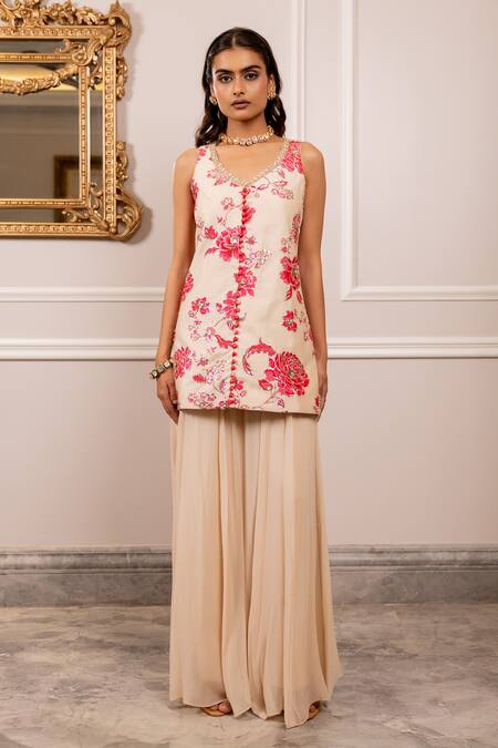 Shop_Paulmi And Harsh_Cream Silk, Georgette Sequins, Embroidery Floral Printed Kurta And Palazzo Set _Online_at_Aza_Fashions