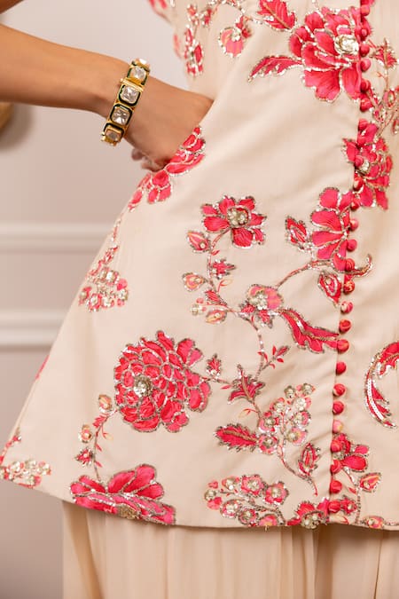 Paulmi And Harsh_Cream Silk, Georgette Sequins, Embroidery Floral Printed Kurta And Palazzo Set _at_Aza_Fashions