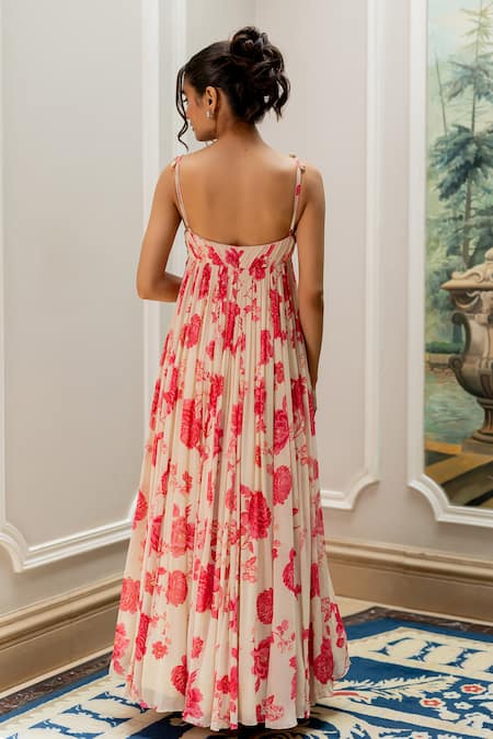 Shop Paulmi And Harsh Pink Georgette Embroidery, Pearls V-neck Floral Printed Anarkali Set at Aza Fashions Shop_Paulmi And Harsh_Pink Georgette Embroidery, Pearls V-neck Floral Printed Anarkali Set _at_Aza_Fashions