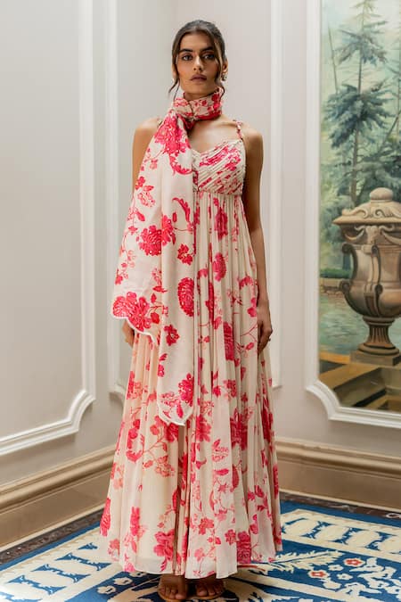 Paulmi And Harsh Pink Georgette Embroidery, Pearls V-neck Floral Printed Anarkali Set Online at Aza Fashions Paulmi And Harsh_Pink Georgette Embroidery, Pearls V-neck Floral Printed Anarkali Set _Online_at_Aza_Fashions