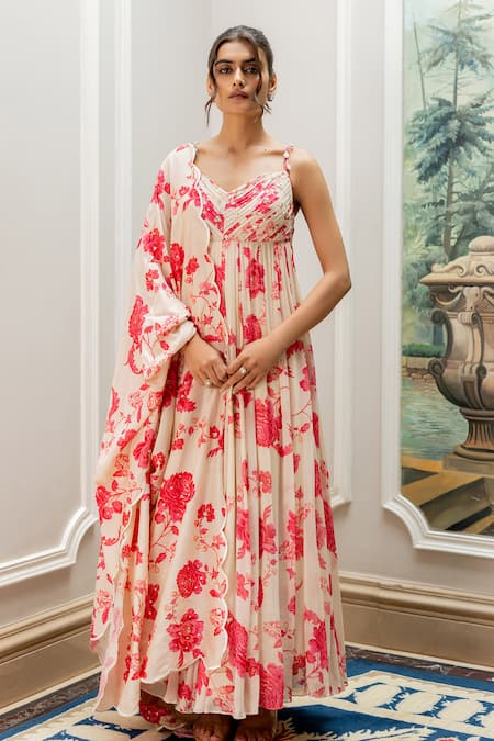 Paulmi And Harsh Pink Georgette Embroidery, Pearls V-neck Floral Printed Anarkali Set