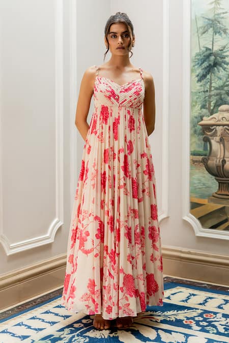 Shop Paulmi And Harsh Pink Georgette Embroidery, Pearls V-neck Floral Printed Anarkali Set Online at Aza Fashions Shop_Paulmi And Harsh_Pink Georgette Embroidery, Pearls V-neck Floral Printed Anarkali Set _Online_at_Aza_Fashions