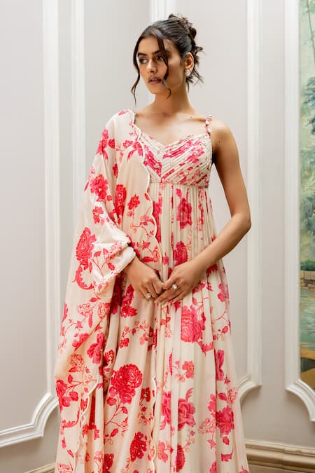 Paulmi And Harsh Pink Georgette Embroidery, Pearls V-neck Floral Printed Anarkali Set at Aza Fashions Paulmi And Harsh_Pink Georgette Embroidery, Pearls V-neck Floral Printed Anarkali Set _at_Aza_Fashions