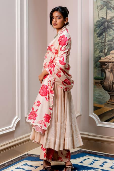 Buy_Paulmi And Harsh_Cream Chanderi, Shantoon, Chinon, Silk Embroidery Round Neck Floral Anarkali Set _Online_at_Aza_Fashions