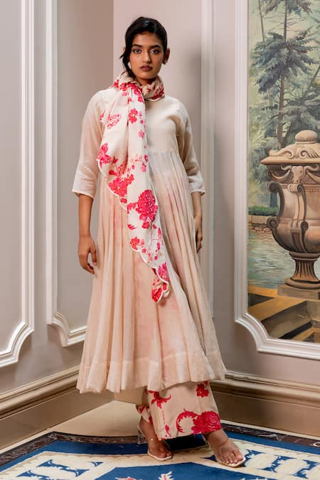 Shop_Paulmi And Harsh_Cream Chanderi, Shantoon, Chinon, Silk Embroidery Round Neck Floral Anarkali Set _Online_at_Aza_Fashions