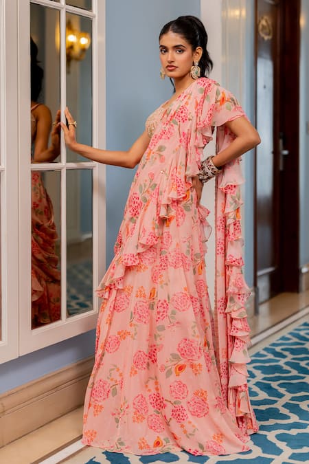 Buy Paulmi And Harsh Pink Georgette, Silk Embroidery Round Floral Print Pre-draped Saree And Blouse Set Online at Aza Fashions Buy_Paulmi And Harsh_Pink Georgette, Silk Embroidery Round Floral Print Pre-draped Saree And Blouse Set _Online_at_Aza_Fashions