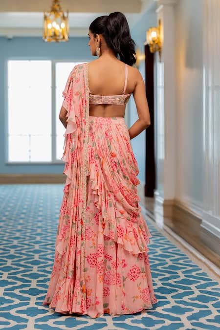 Shop Paulmi And Harsh Pink Georgette, Silk Embroidery Round Floral Print Pre-draped Saree And Blouse Set at Aza Fashions Shop_Paulmi And Harsh_Pink Georgette, Silk Embroidery Round Floral Print Pre-draped Saree And Blouse Set _at_Aza_Fashions