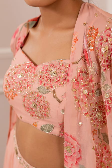 Shop Paulmi And Harsh Pink Georgette Embroidery, Sequins Round Neck Floral Jacket Set Online at Aza Fashions Shop_Paulmi And Harsh_Pink Georgette Embroidery, Sequins Round Neck Floral Jacket Set _Online_at_Aza_Fashions