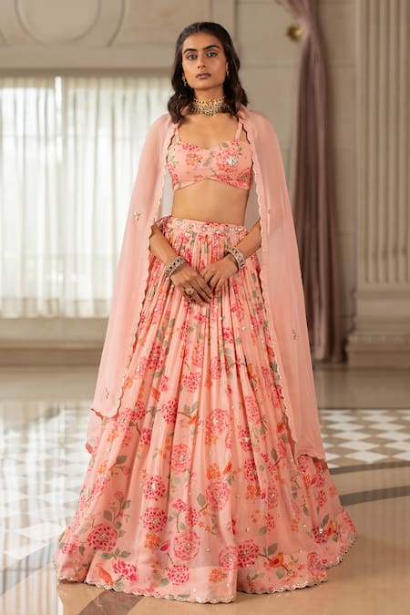 Paulmi And Harsh Pink Georgette, Organza Sequins Round Neck Floral Lehenga Set