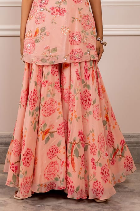 Paulmi And Harsh_Pink Georgette Sequins, Embroidery Round Neck Floral Printed Kurta And Sharara Set _Online_at_Aza_Fashions