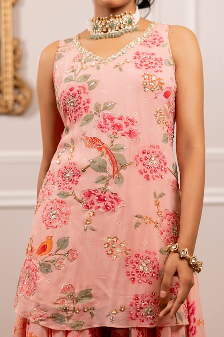 Shop_Paulmi And Harsh_Pink Georgette Sequins, Embroidery Round Neck Floral Printed Kurta And Sharara Set _Online_at_Aza_Fashions