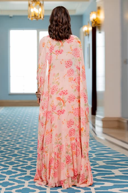 Shop Paulmi And Harsh Pink Georgette, Shantoon Sequins, Embroidery Floral Printed Jacket Sharara Set at Aza Fashions Shop_Paulmi And Harsh_Pink Georgette, Shantoon Sequins, Embroidery Floral Printed Jacket Sharara Set _at_Aza_Fashions