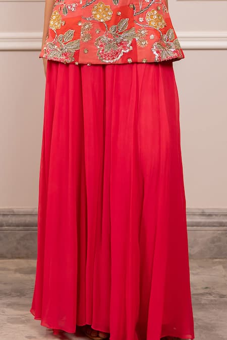 Paulmi And Harsh_Pink Georgette Embroidery Round Neck Floral Printed Kurta Palazzo Set _Online_at_Aza_Fashions