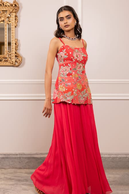 Buy_Paulmi And Harsh_Pink Georgette Embroidery Round Neck Floral Printed Kurta Palazzo Set _Online_at_Aza_Fashions